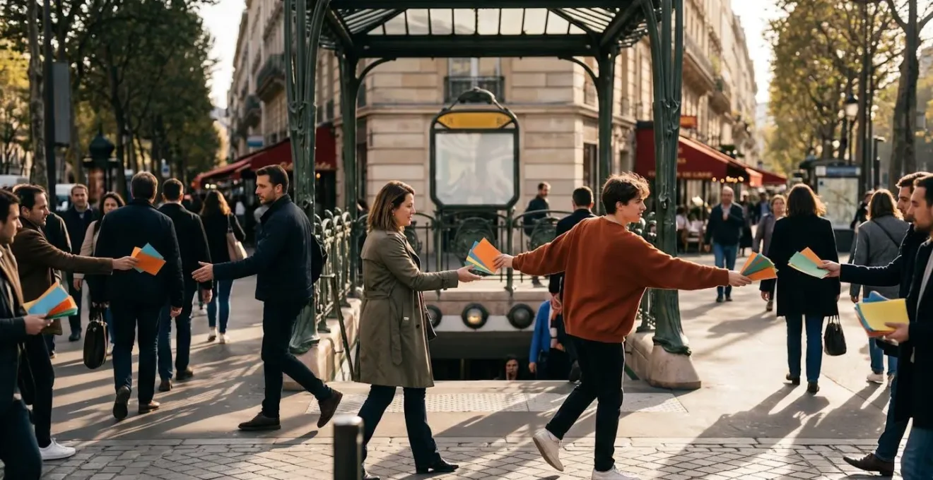 Scène de distribution de flyers à la sortie d'une bouche de métro parisienne avec interaction entre distributeur et passants