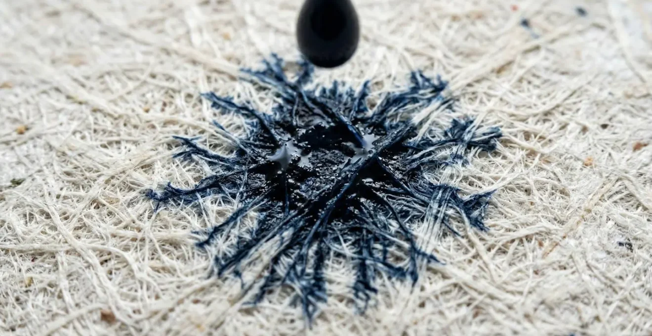 Vue macro d'une goutte d'encre pénétrant les fibres d'un papier recyclé fin, montrant l'effet de capillarité
