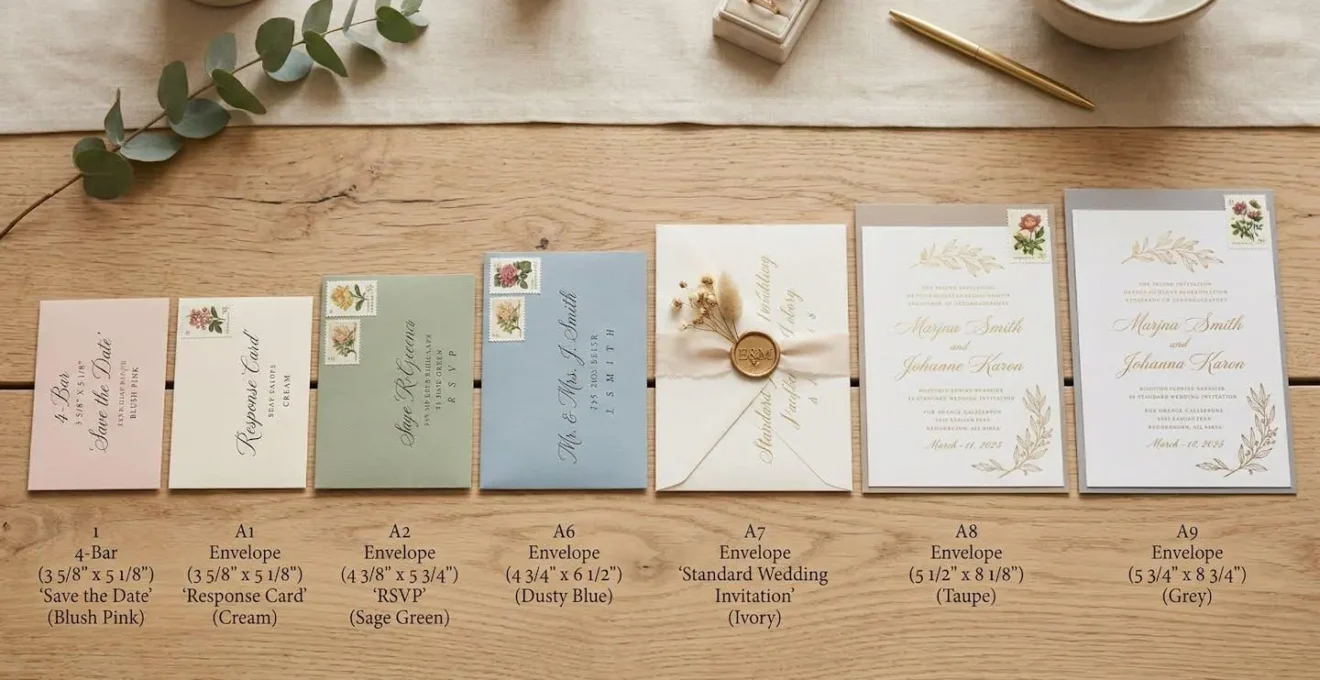 Comparaison visuelle d'enveloppes de différents formats pour invitations de mariage