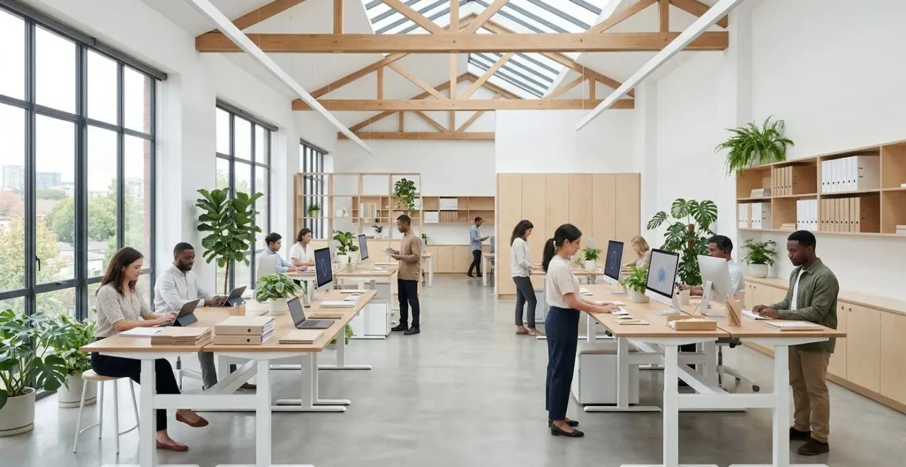 Espace de travail moderne montrant l'équilibre entre supports numériques et papier durable