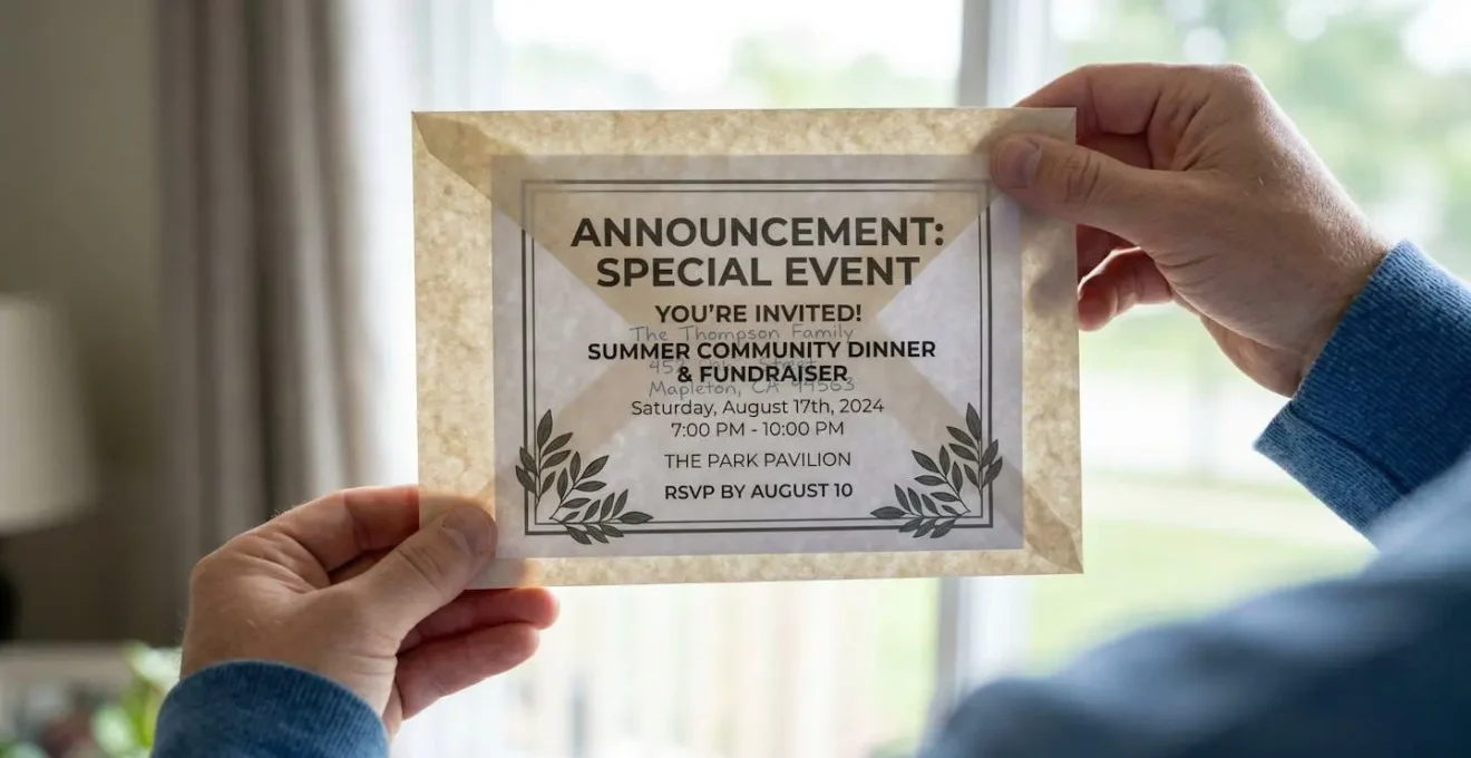 Démonstration de l'effet de transparence d'une enveloppe de mauvaise qualité révélant le faire-part à l'intérieur.