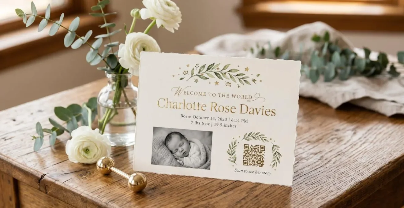Faire-part de naissance élégant posé sur une table en bois avec un QR code discret intégré au design
