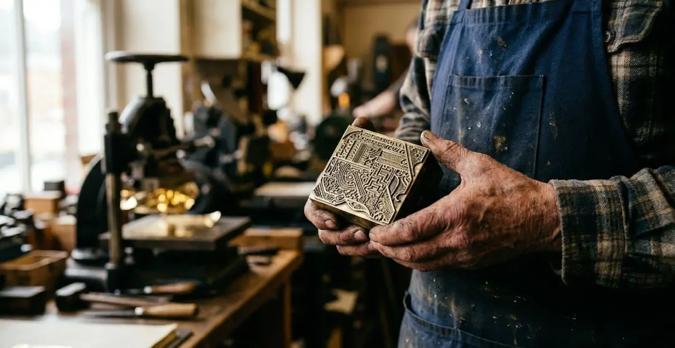 Fer de dorure en métal gravé posé dans un atelier d'impression traditionnel