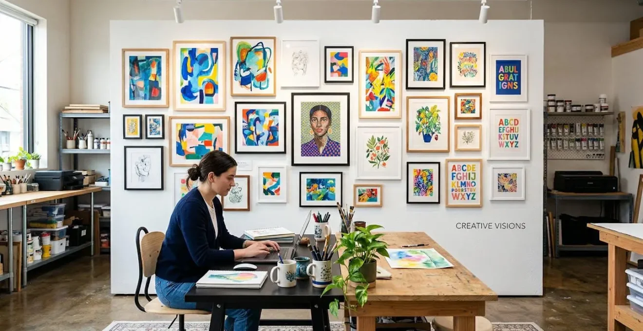 Mur d'exposition moderne avec créations colorées encadrées dans un espace de travail