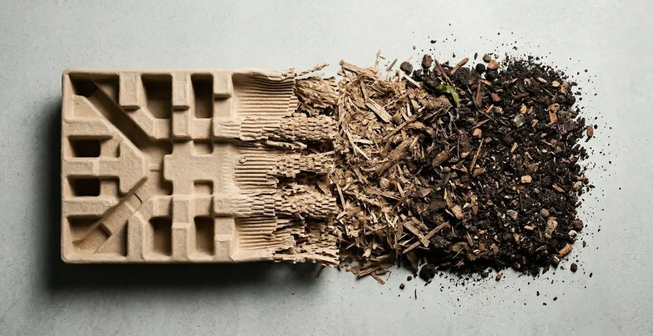 Composition symbolique montrant la transformation d'un emballage compostable en terre fertile