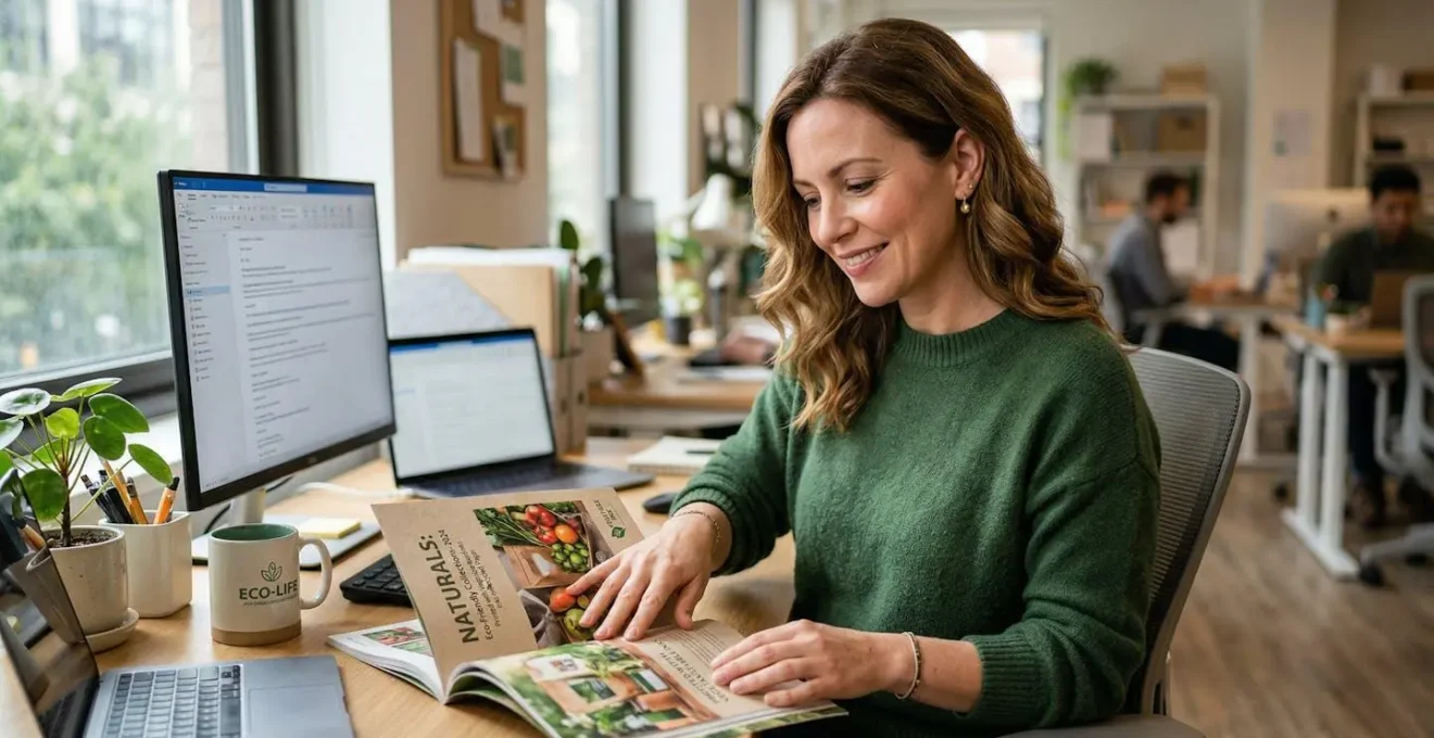 Employée de bureau sentant un catalogue imprimé avec des encres végétales, avec une expression de confort