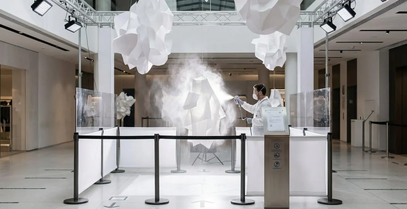 Installation professionnelle de sculptures en papier ignifugé dans un espace public