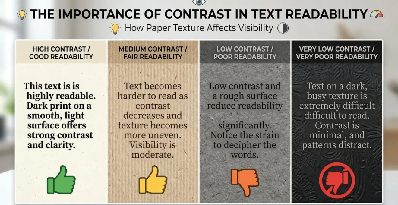Comparaison de lisibilité de texte sur différents papiers texturés illustrant l'importance du contraste