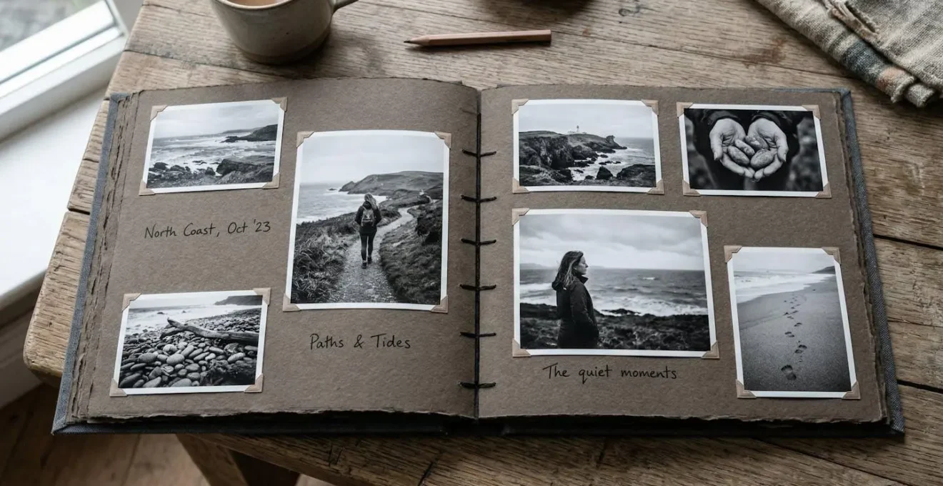 Livre photo artisanal ouvert montrant une double page avec séquençage réfléchi des images en noir et blanc
