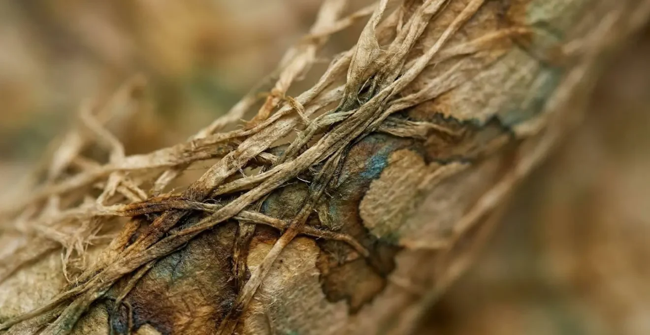 Vue macro de fibres de papier avec traces d'encre en évaporation symbolisant l'émission de COV