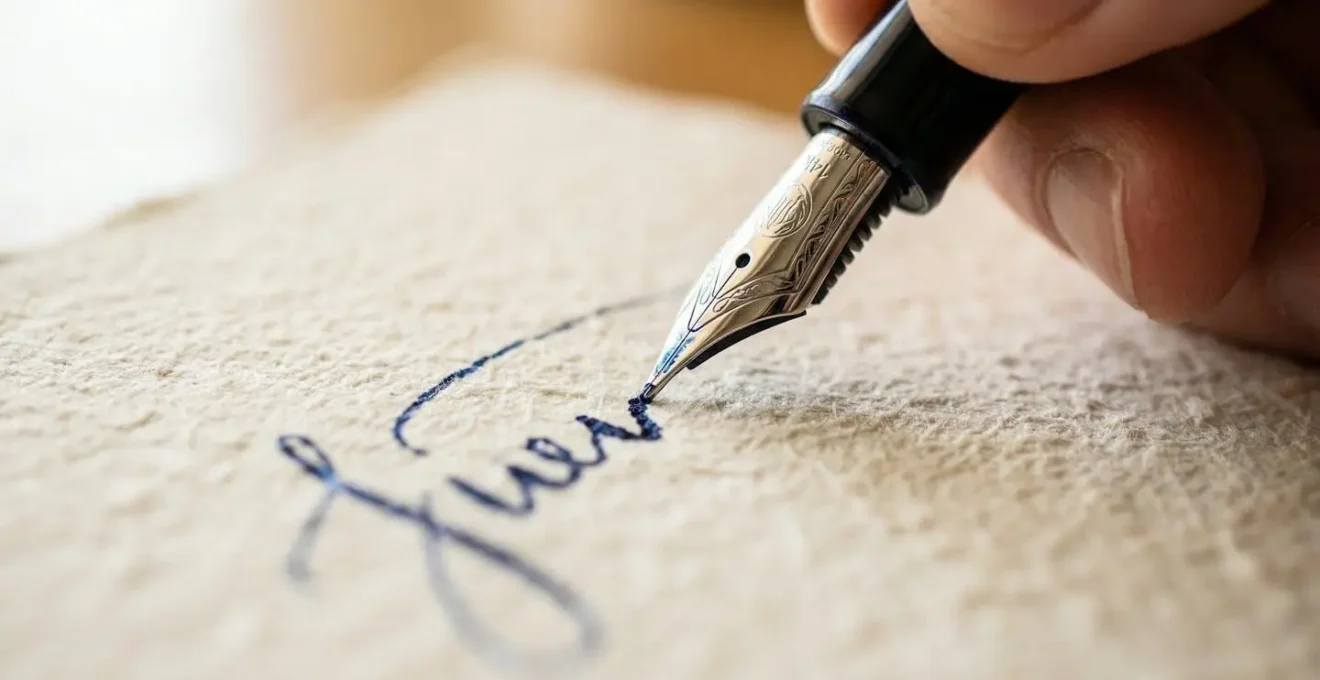 Main tenant un stylo plume écrivant sur une carte de vœux élégante avec encre bleue