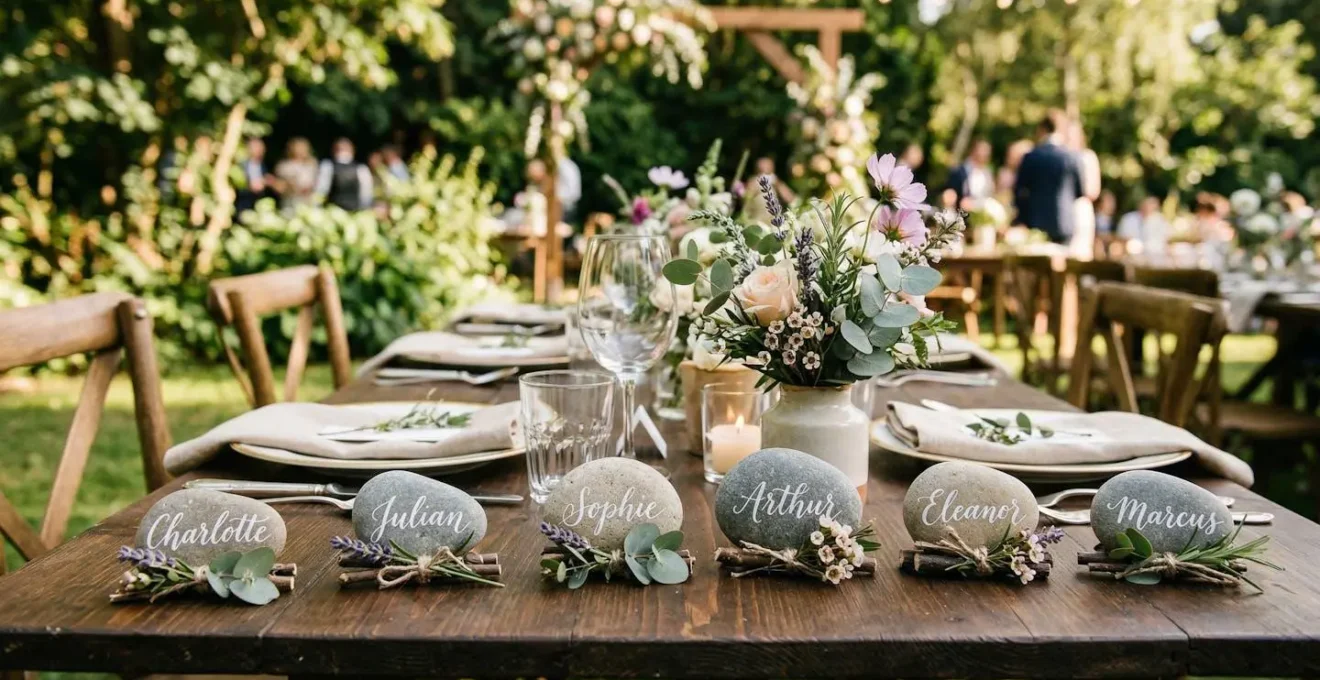Galets et supports naturels utilisés comme marque-places pour mariage en plein air