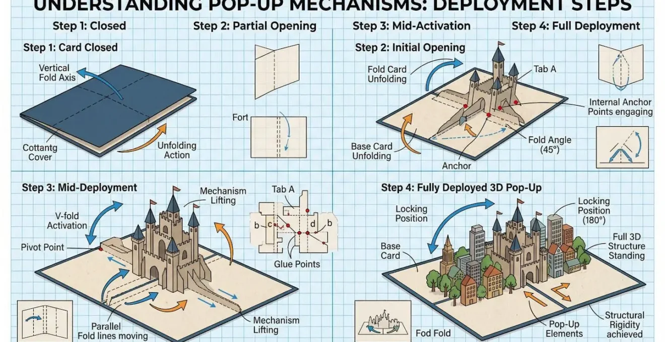 Mécanisme de carte pop-up montrant les étapes de déploiement