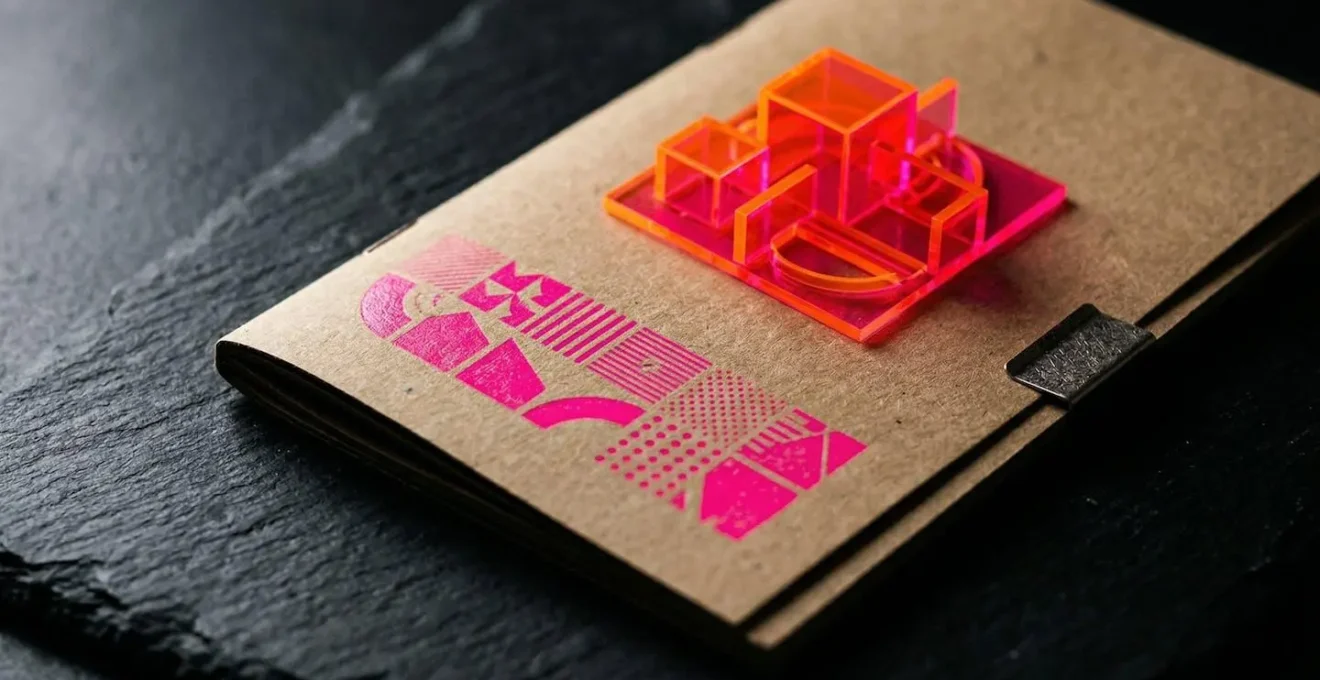 Menu de restaurant en papier kraft avec détails en couleur néon, mise en scène moderne