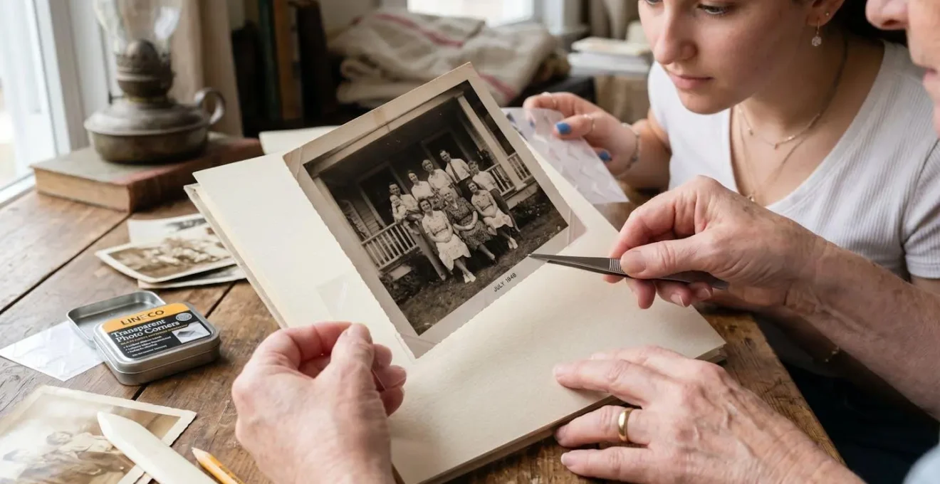 Démonstration du montage d'une photo vintage avec coins photo transparents sans contact direct