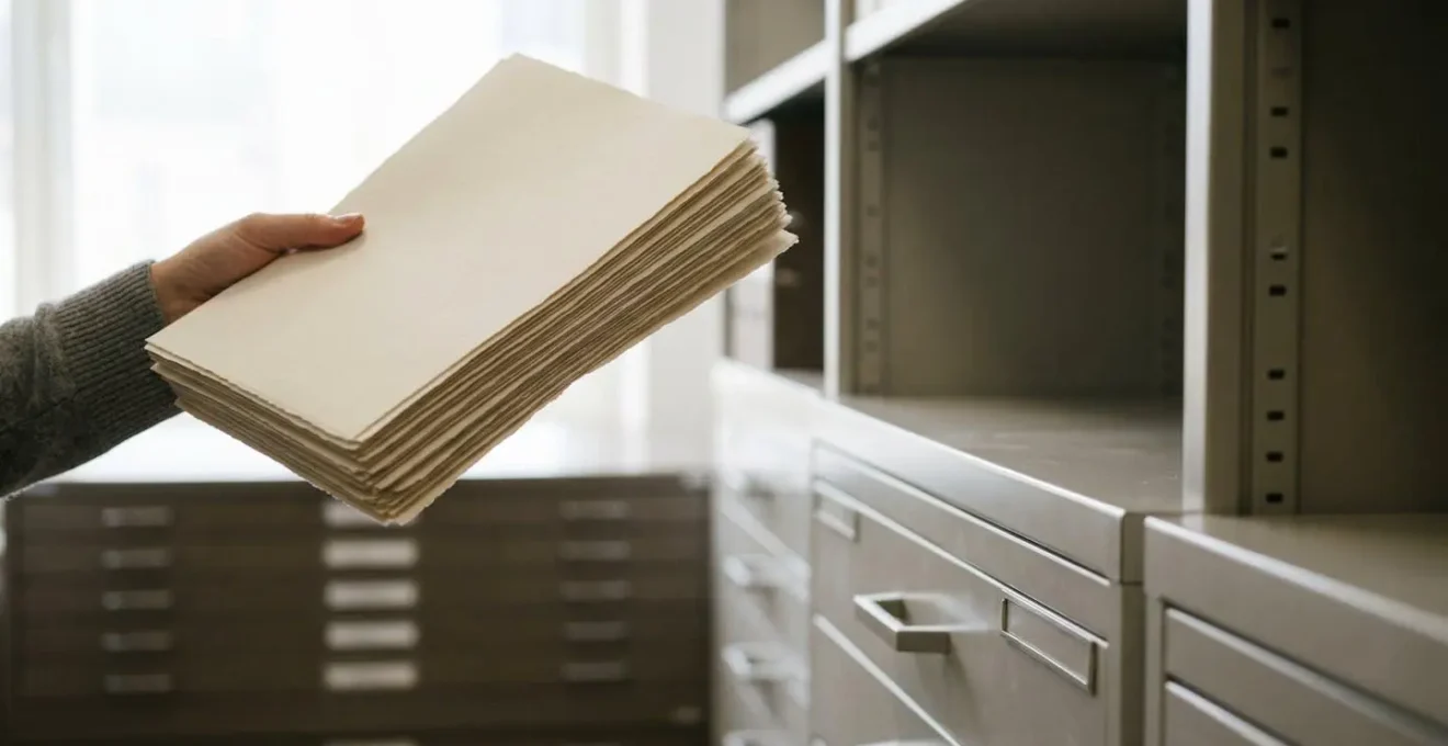 Main tenant une rame de papier montrant les certifications environnementales en arrière-plan flou