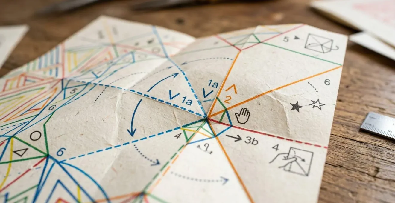 Gros plan macro sur papier design avec lignes de pliage colorées et symboles de guidage intuitifs