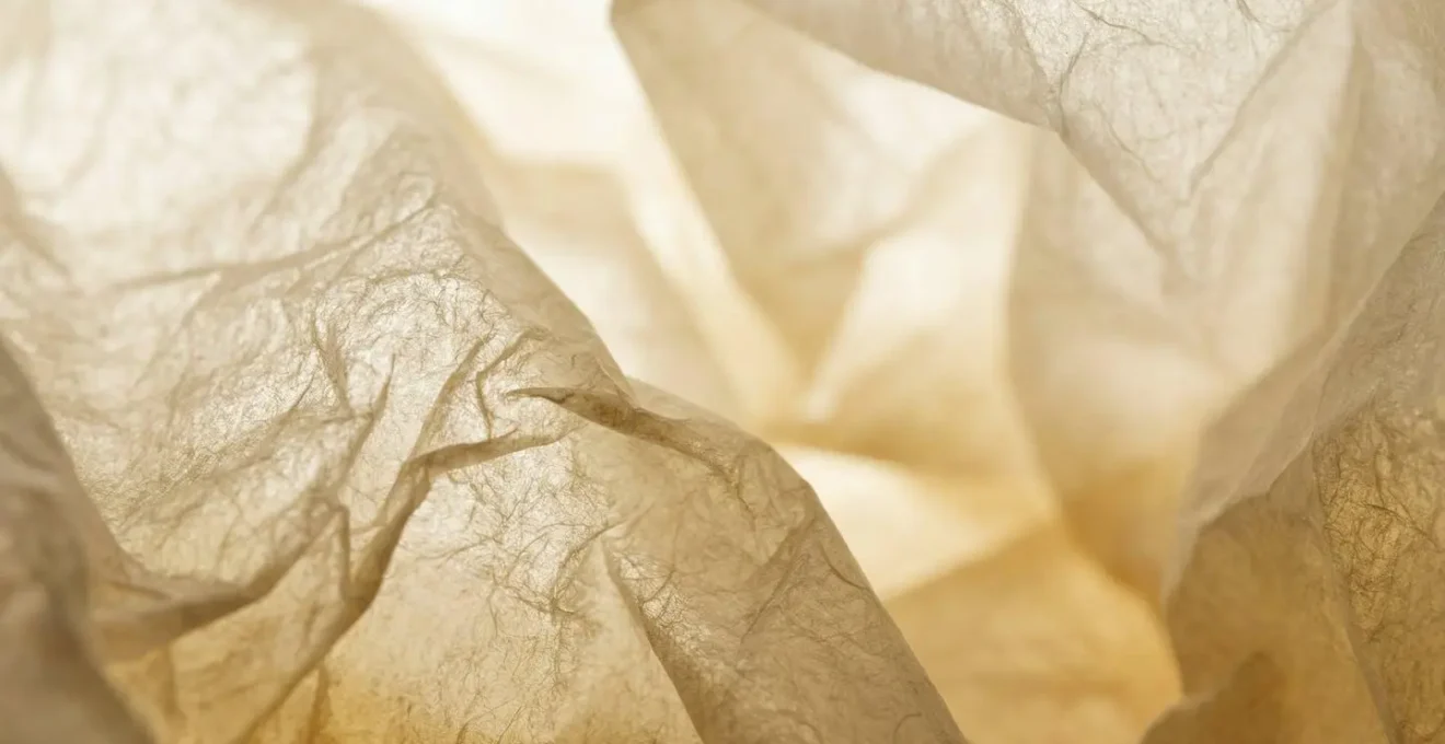 Gros plan macro sur papier de soie doré froissé avec jeux de lumière et ombres délicates