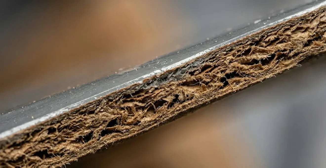 Gros plan macro sur la tranche d'un carton montrant la fusion du film plastique avec les fibres de papier