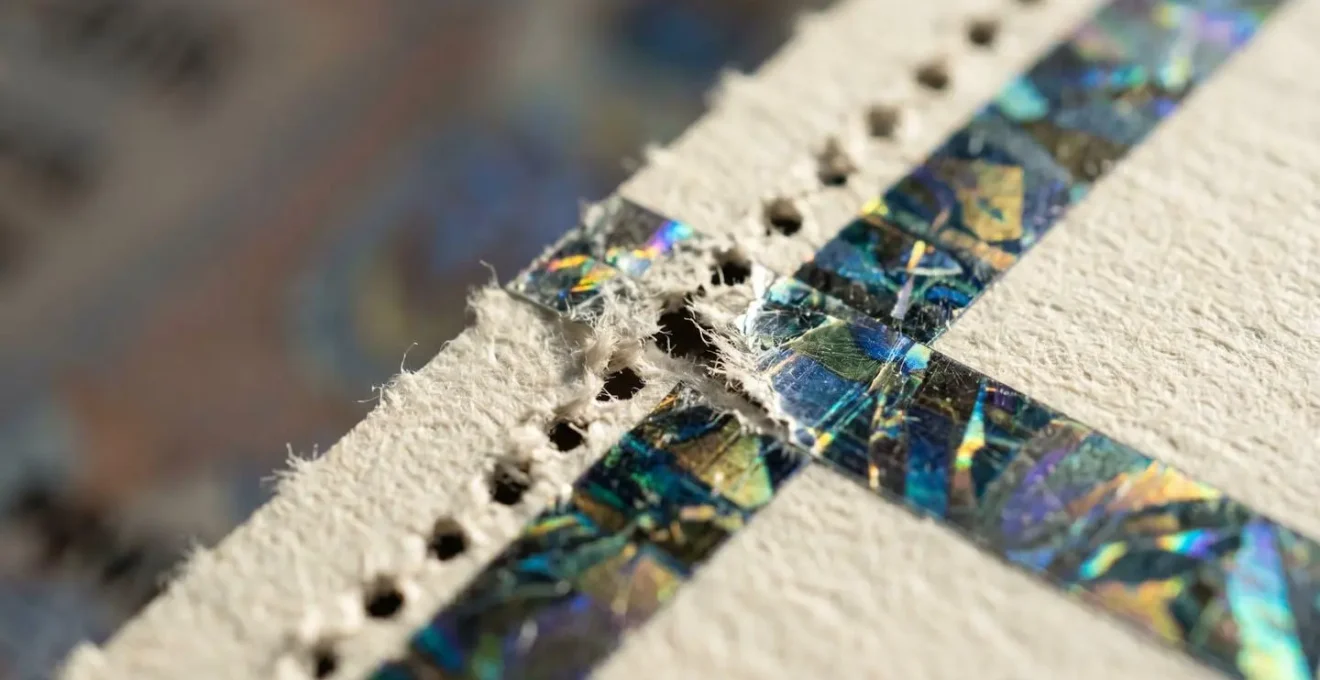 Vue macro d'une ligne de perforation sur un billet avec hologramme