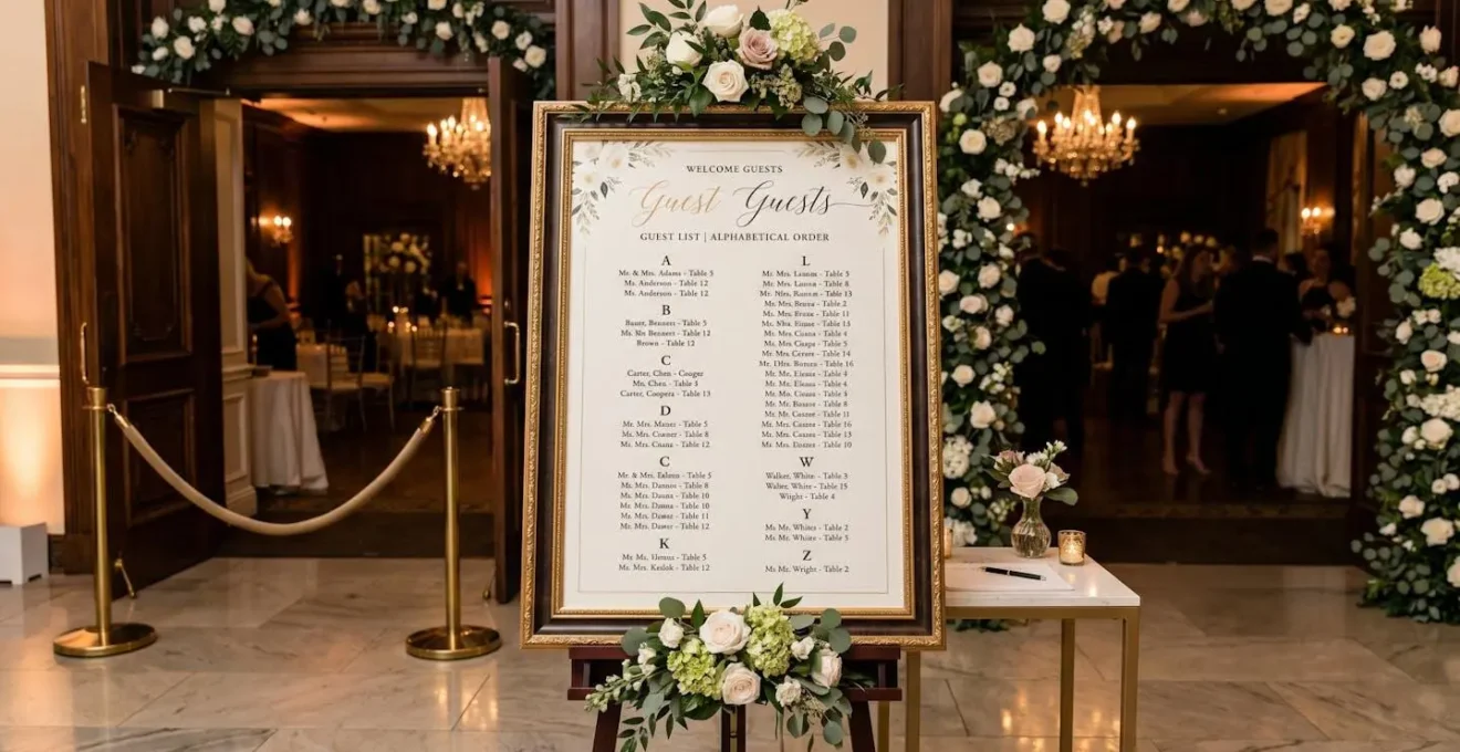 Panneau d'affichage élégant à l'entrée d'une salle montrant une liste alphabétique des invités