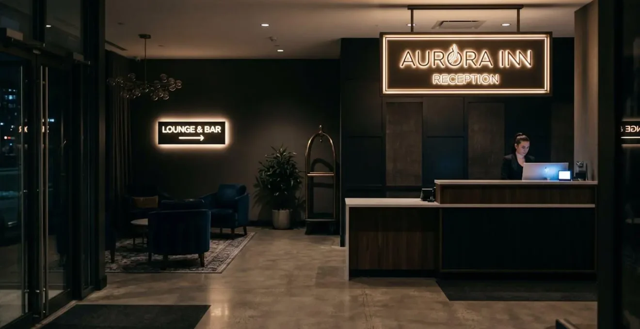Salle de réception en pénombre avec signalétique rétroéclairée visible
