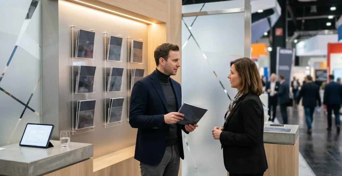 Stand professionnel avec système de distribution sélective de brochures lors d'un salon
