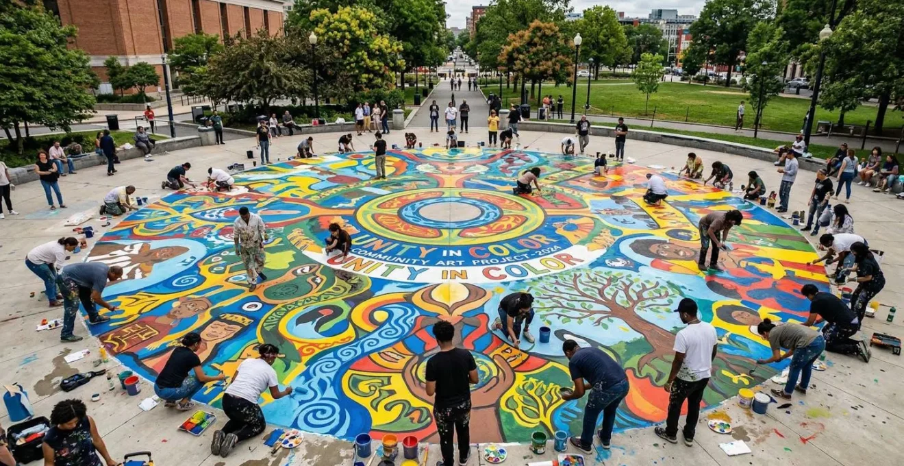 Vue aérienne d'une fresque collective en cours de création par plusieurs mains