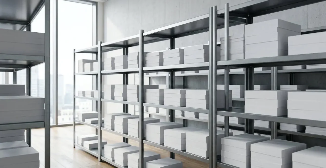 Vue d'ensemble d'un espace de stockage organisé avec papeterie certifiée