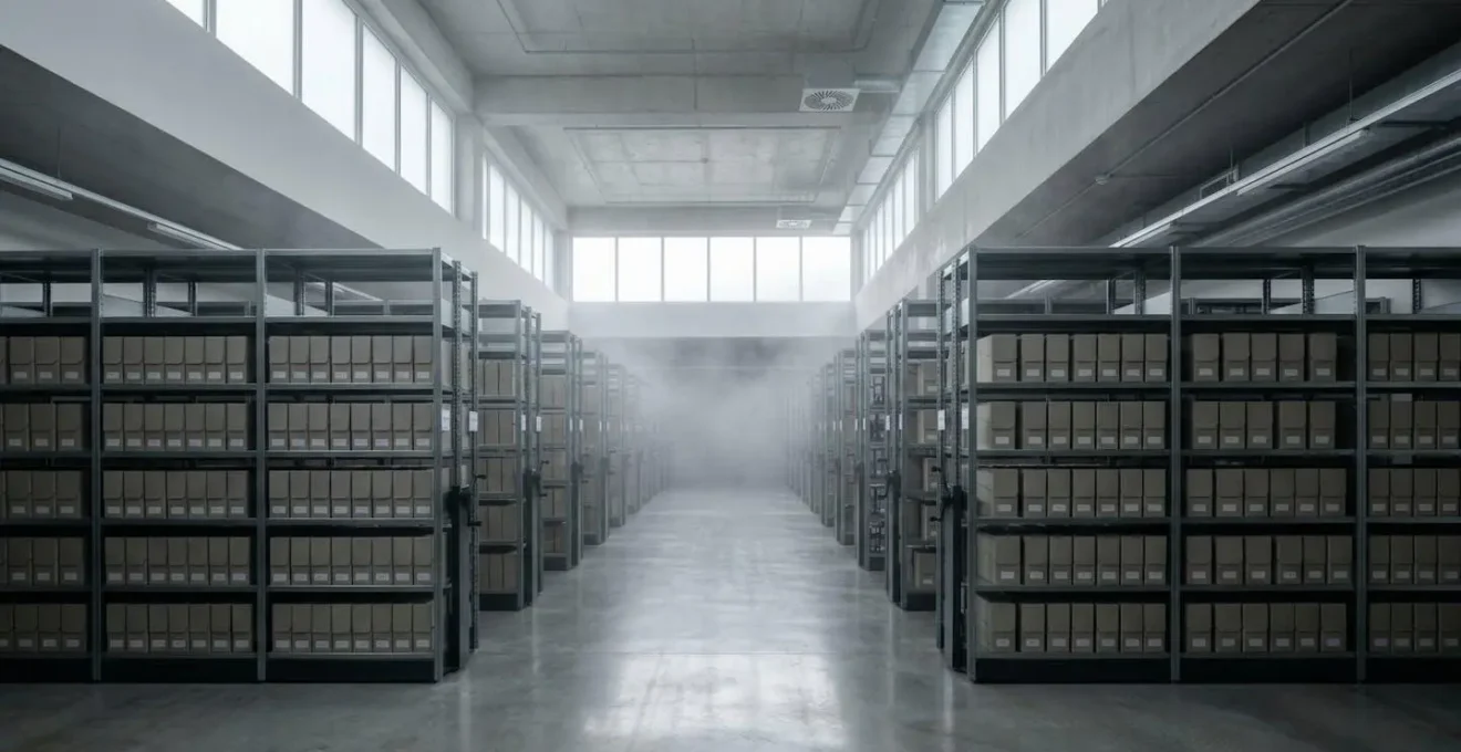 Salle d'archives moderne avec système de contrôle climatique visible
