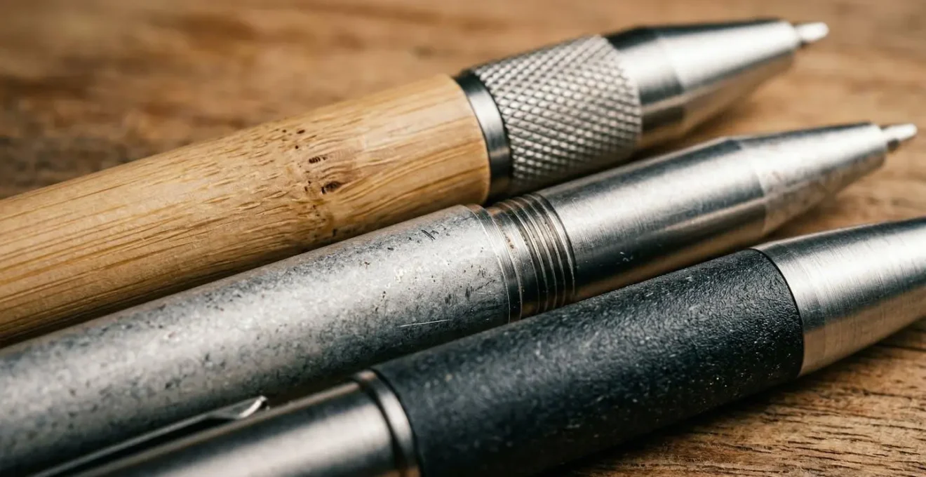 Collection de stylos rechargeables professionnels disposés sur bureau en bois naturel