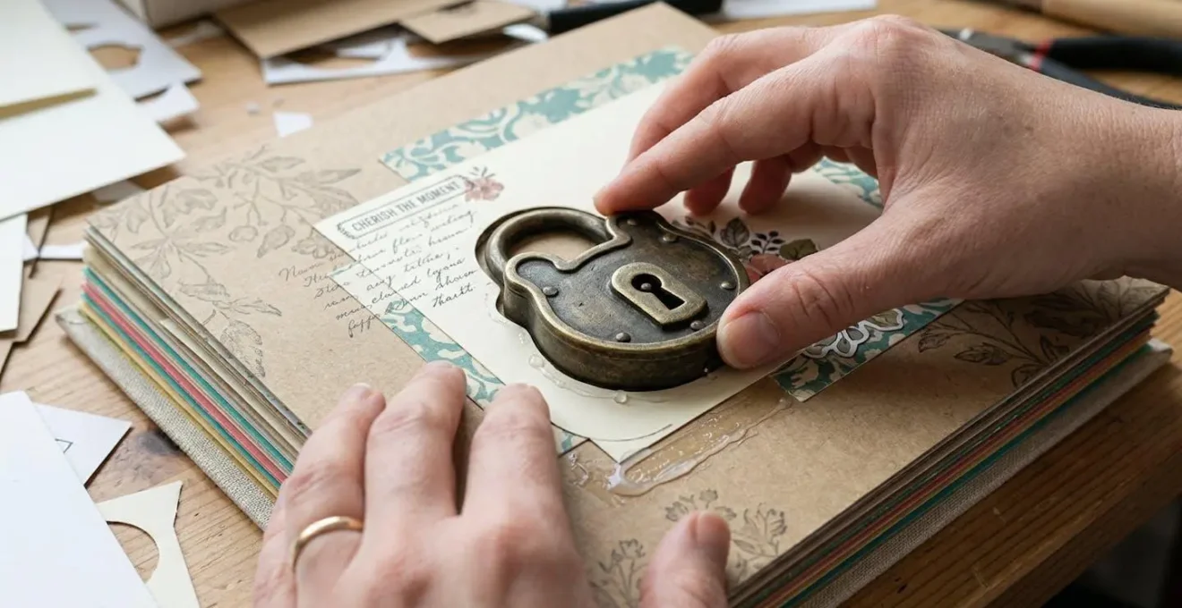 Vue macro d'une technique de montage en creux pour embellissement épais dans un album de scrapbooking