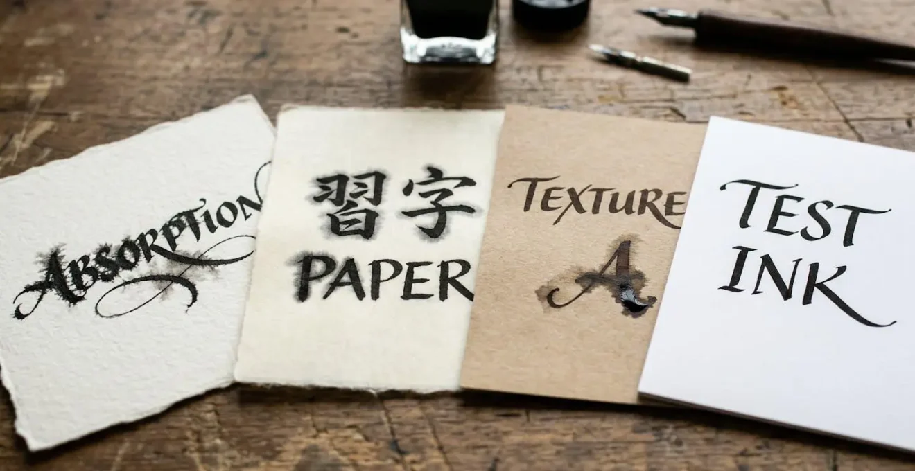 Gros plan sur différents types de papiers avec tests d'encre calligraphique montrant l'absorption