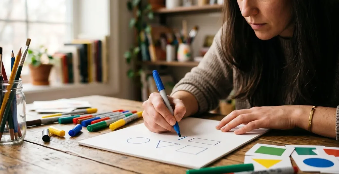 Personne dessinant de mémoire des formes géométriques simples sur papier, illustrant le processus de mémorisation visuelle
