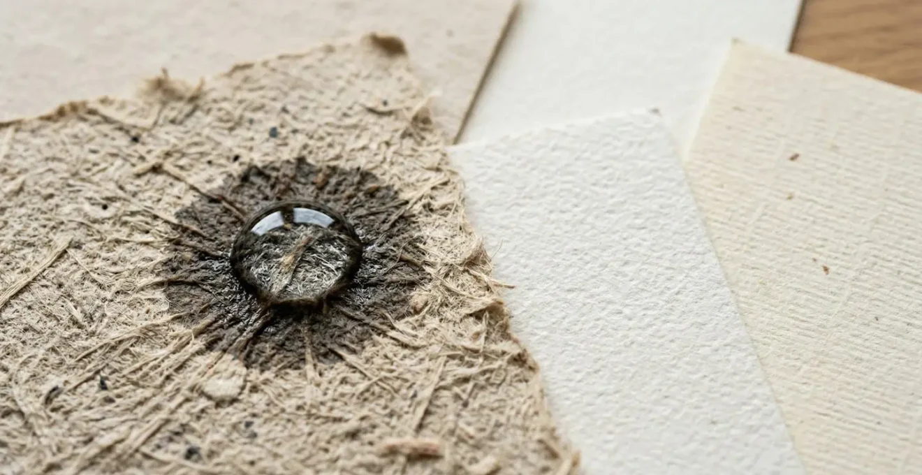 Gros plan sur différentes textures de papier avec une goutte d'eau montrant l'absorption