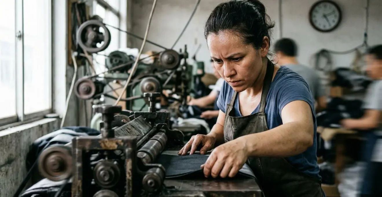 Scène dynamique d'un atelier de façonnage en production urgente, montrant la concentration d'un opérateur