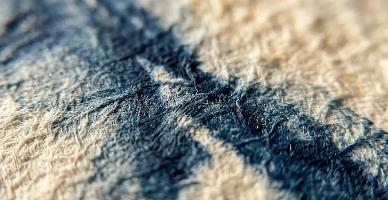 Détail macro d'une impression artisanale montrant les nuances subtiles de teinte et la texture unique du papier coton