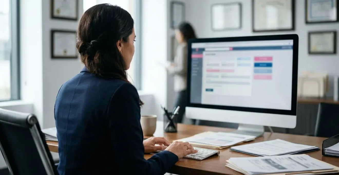 Bureau moderne avec écran affichant une interface de vérification de certification, documents officiels flous en arrière-plan